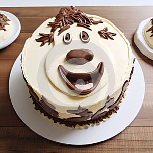 Whimsical Animal Face Cake: Playful Cartooning In Light Yellow And Brown