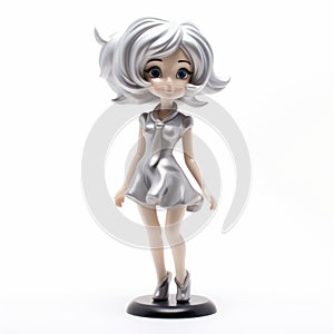 Whimsical Anime Doll In Silver Dress - Detailed Figurine Cartoon Girl