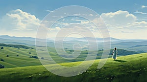 Whimsical Anime Landscape: Woman Walking On Green Hill