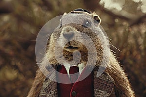 Whimsical Anthropomorphic marmot wearing aristocratic furry coat. Generate ai