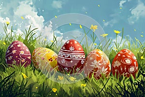 A whimsical array of patterned Easter eggs nestled in green grass against a blue sky, background perfect for spring