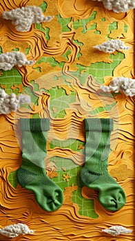 Whimsical Art Composition Featuring Green Socks Amidst a Vibrant, Topographical Landscape with Clouds and Contours photo