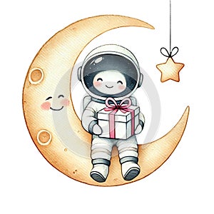 Whimsical astronaut character with a gift, perched on a smiling crescent moon photo