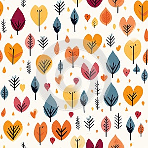 Whimsical autumn foliage patterns with playful shapes and romantic illustrations (tiled