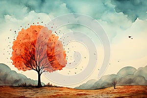 Whimsical autumn tree in naive and flat art style inspired by oliver jeffers and liz climo