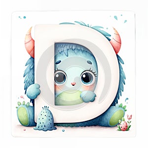 Whimsical Baby Monster Hiding Behind Letter D - AI generated digital art