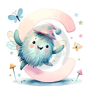 Whimsical Baby Monster with Letter "C" - AI Generated Digital Art