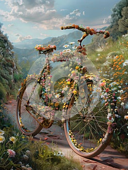 Whimsical Bicycle Covered in Chrysanthemums, Jasmine & Snapdragons, Surreal Nature Scene on Countryside Path photo