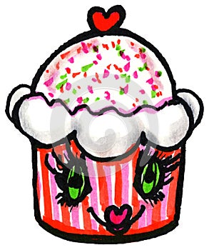 Whimsical Big Eyed Cupcake Illustration