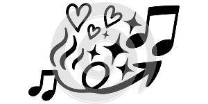 Whimsical black icons of music notes, hearts, sparkles, and an upward arrow loop symbolizing joy photo