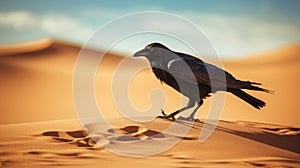 Whimsical Black Raven Standing On Sahara Desert Sanddune