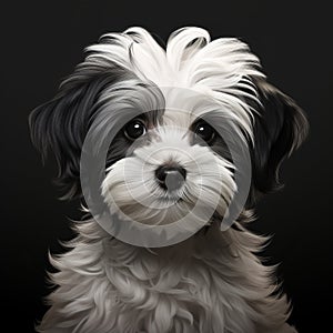 Whimsical Black And White Maltese Dog Portrait On Black Background photo