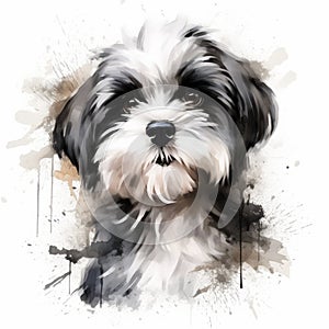 Whimsical Black And White Shih Tzu Dog Illustration On Watercolor Background