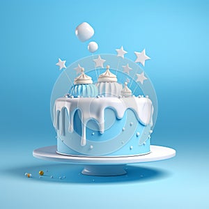 Whimsical Blue Cake With Stars - Playful 3d Render