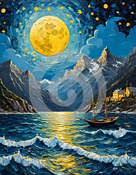 A whimsical blue sea with mountains, in a starry night and moon, small village, trees, wildplants, painting art photo