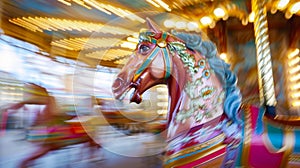 A whimsical blur of a vintage carousels ornate details and vibrant colors evoking a sense of wonder and childlike joy.