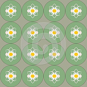 Whimsical and bold floral pattern with yellow flowers on green and white background, inspired by art deco photo