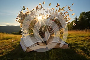Whimsical book fort constructed in a sunlit meadow. Generative AI