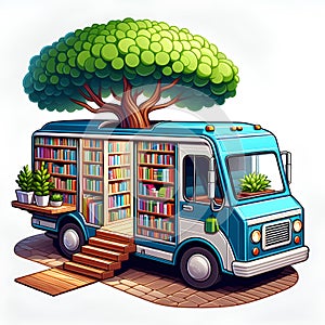 Whimsical bookmobile with tree and stairs illustration photo