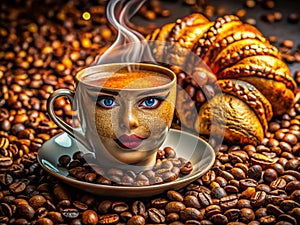 A Whimsical Breakfast Still Life Surreal Coffee Cup Face Coffee Beans and a Delicate Croissant photo