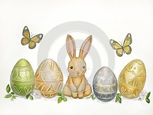A whimsical bunny surrounded by decorated eggs and butterflies