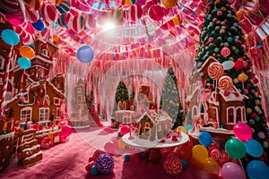A whimsical, candy-filled wonderland with gingerbread houses and lollipop trees