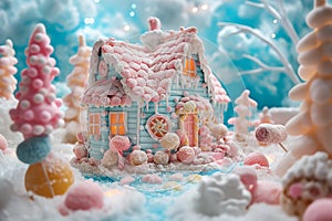 A whimsical candy gingerbread house nestled in a frosty winter wonderland, surrounded by sugar-dusted trees and a soft blue sky