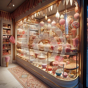 A whimsical candy store window display filled with a variety of colorful sweets and confections.