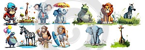 Whimsical Cartoon Animals: A Hippo with Balloons, a Zebra Among Flowers, Monkeys with Ice Cream, Lions on a Beach