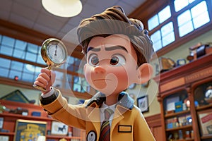 A whimsical cartoon character, resembling a detective, holds a magnifying glass, examining a clue with intense focus