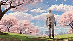 Whimsical Cartoon Of Charles Walking Among Cherry Trees photo