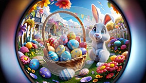 A whimsical cartoon rabbit sits beside a basket brimming with colorful Easter eggs