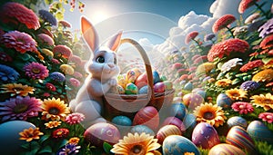 A whimsical cartoon rabbit sits beside a basket brimming with colorful Easter eggs