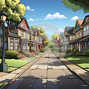 Whimsical cartoon street with neo-Victorian houses and tall trees