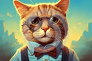 In a whimsical cartoon world, a cat dons sunglasses and a bow tie, strutting with confidence. A cool and comical feline with a