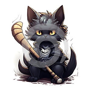 Whimsical Cat Illustration of Dark Furred Cat with Hockey Stick
