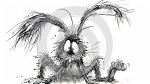 Whimsical Chaos: funny Frazzled Ink Cartoon Rabbit , white background