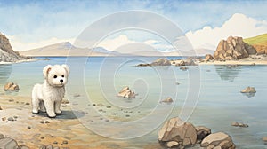 Whimsical Children\'s Book Illustration: White Dog On Rocks By The Water