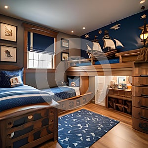 A whimsical childrens bedroom designed as a pirate ship with nautical decor and bunk beds2