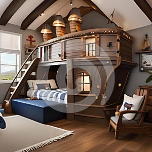 A whimsical childrens bedroom designed as a pirate ship with nautical decor and bunk beds4