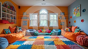 Whimsical childrens playroom with bright colors and imaginative decor