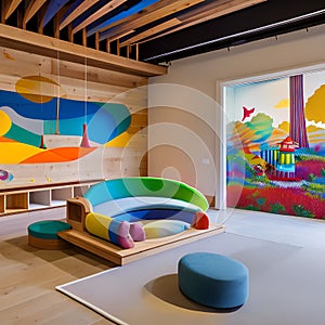 Whimsical Childrens Playroom: A playful space with a rainbow-colored slide, a treehouse reading corner, and oversized stuffed an