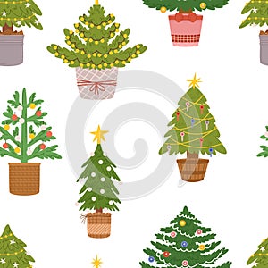 Whimsical Christmas Tree Pattern With Potted Evergreens, Perfect For Festive Decor. Repeating Holiday Design