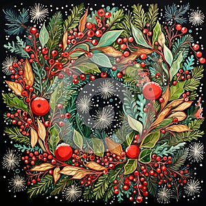 Whimsical Christmas Wreath of Greenery, Berries and snowflakes