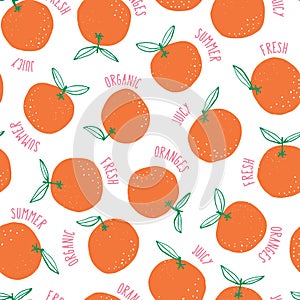 Whimsical colorful hand-drawn doodle oranges and words vector seamless pattern background. Colorful Summer Fruits