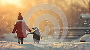 Whimsical Companionship: A Child& x27;s Stroll with a Penguin