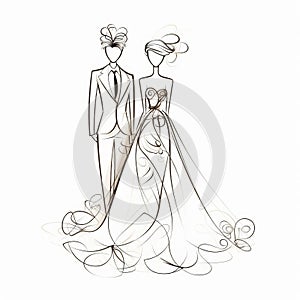 Whimsical Continuous Line Wedding Sketch With Groom And Bride