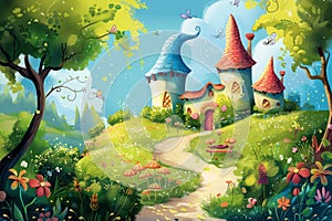 A whimsical cottage with a blue-tiled roof in an enchanted garden, butterflies fluttering, perfect for childrenâs photo