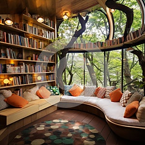 Whimsical and Cozy Library Design in a Treehouse