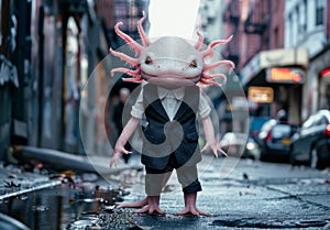 Whimsical creature in formal attire on city street